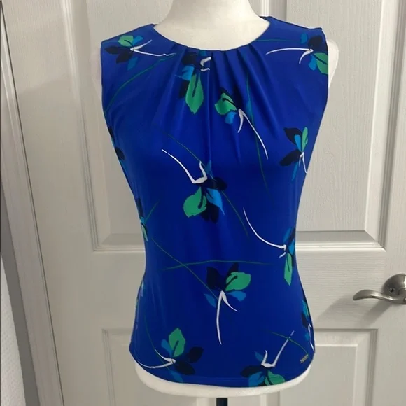 Calvin Klein Blue with Green floral Sleeveless Fitted Blouse Round Neck Size XS - Picture 2 of 8